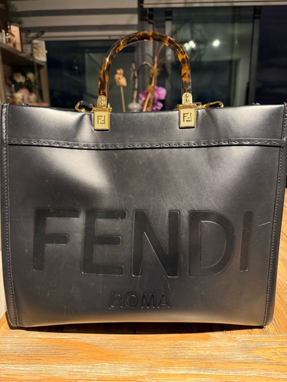 Fendi Black Leather Tote with Tortoiseshell Top Handles